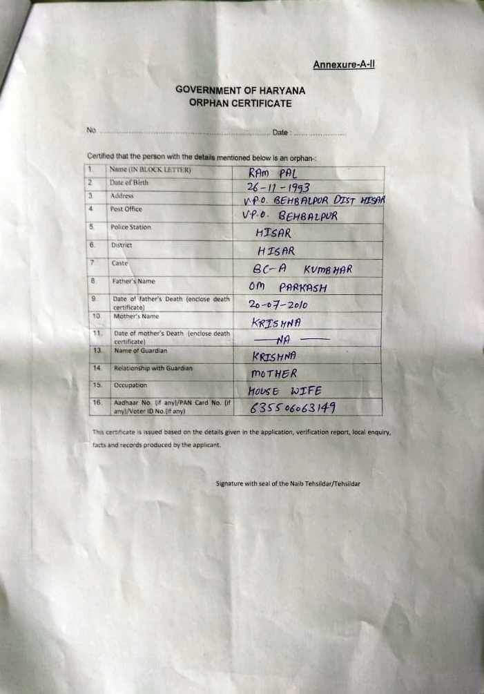 Orphan Certificate Format In Hindi Haryana 1